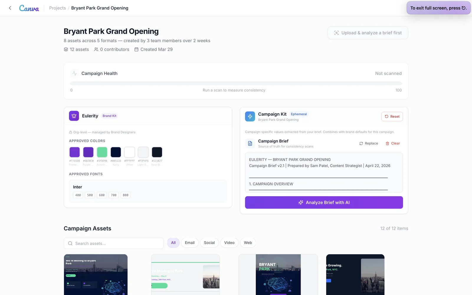 One campaign: the brand kit, the brief it read, and every asset in it